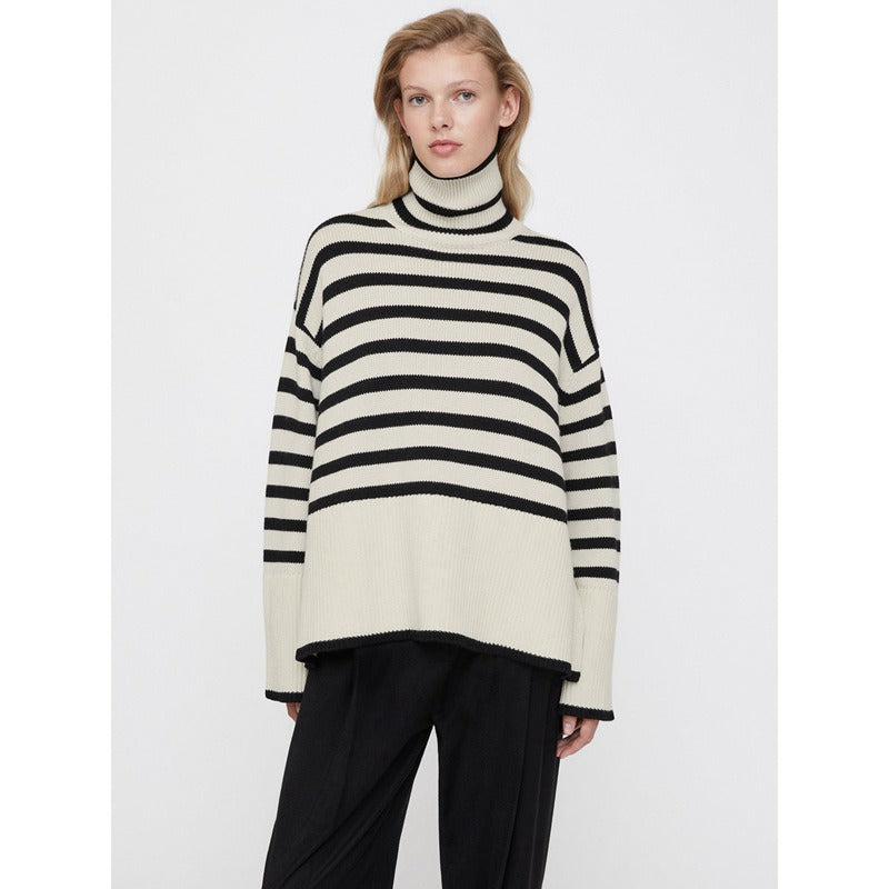 Versatile Knitting Turtleneck Striped Pullover Sweater For Women Long Sleeve Female Simplicity Clothing - Mammalook
