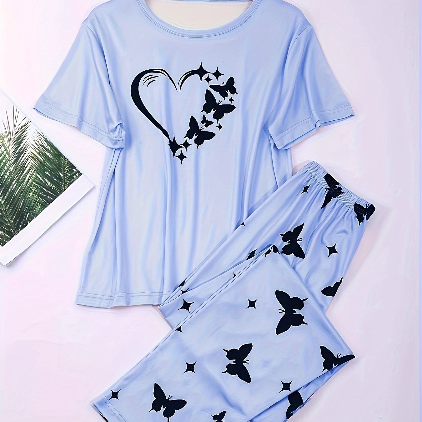 Women's Heart & Butterfly Print Pajama Set - Comfortable Short Sleeve Top and Loose Long Pants for Lounging and Sleeping - Mammalook