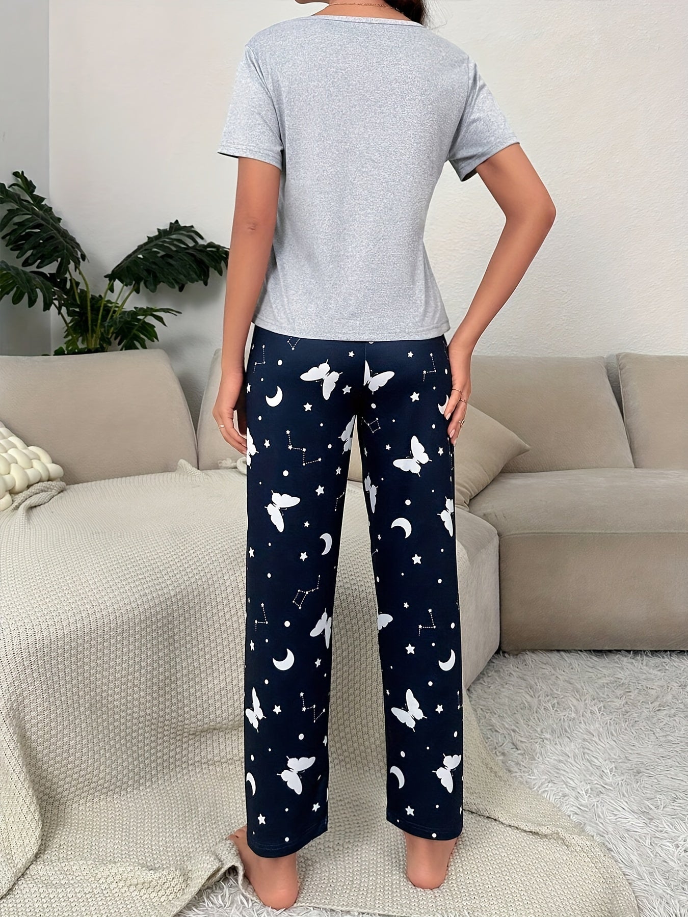 Women's Butterfly & Constellation Print Casual Pajama Set, Short Sleeve Round Neck Top & Pants, Comfortable Relaxed Fit - Mammalook