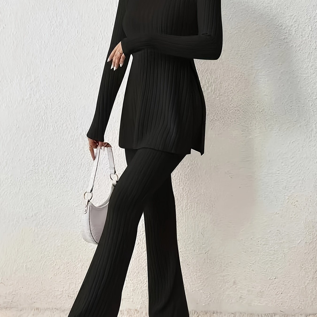 Ribbed Solid Two-piece Set, Split Crew Neck Long Sleeve Tops & Flared Leg Pants Outfits, Women's Clothing - Mammalook