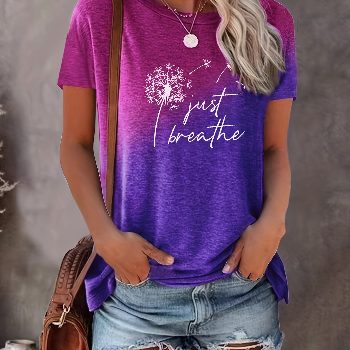 Just Breathe & Dandelion Print T-shirt, Casual Crew Neck Short Sleeve Top, Women's Clothing - Mammalook