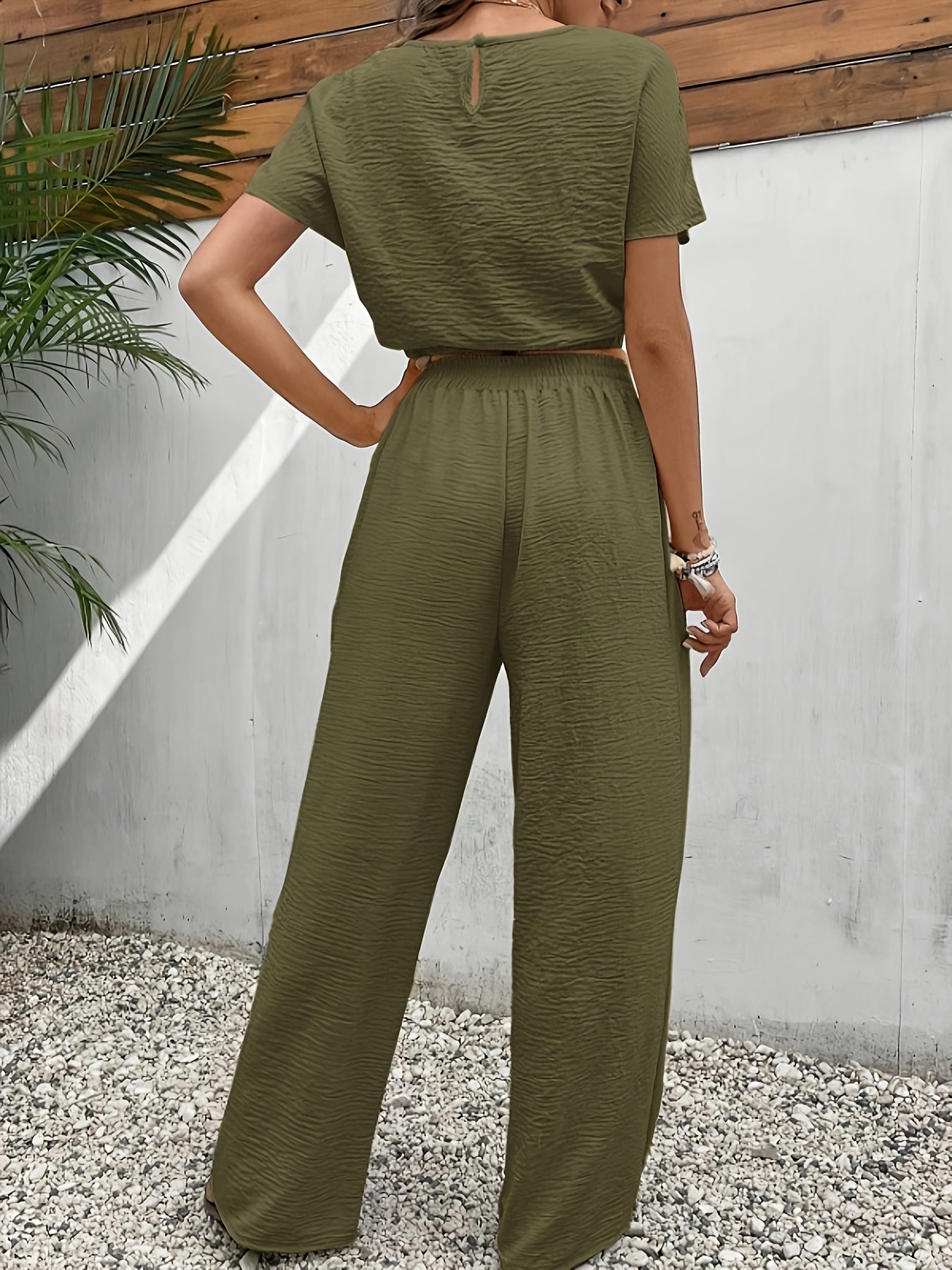 Solid Color Casual Pants Set, Crew Neck Short Sleeve Top & Tie Front Pants Outfits, Women's Clothing - Mammalook