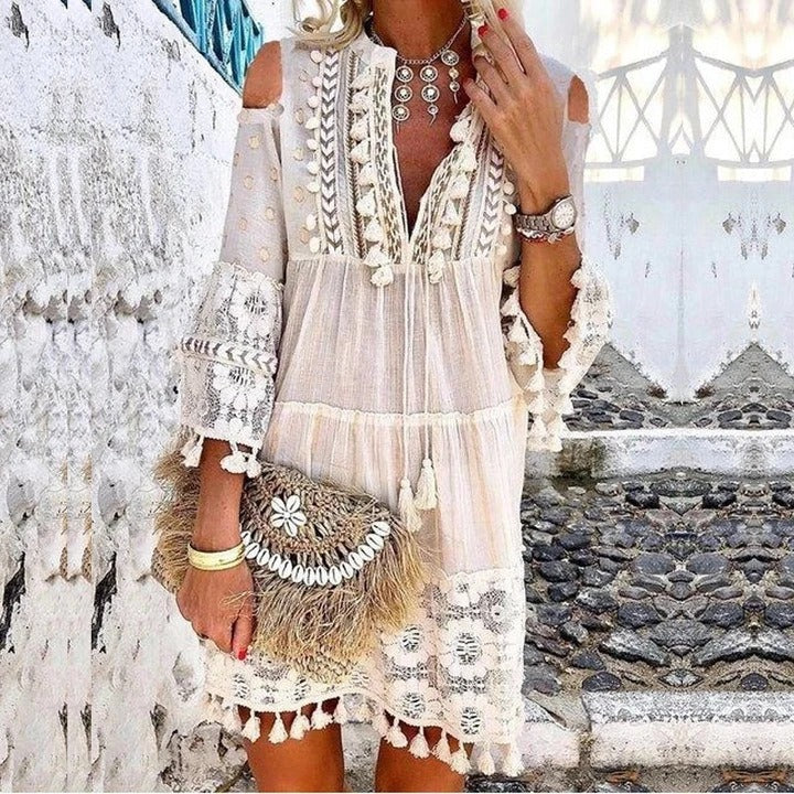 Boho Lace Tassel V-Neck Dress