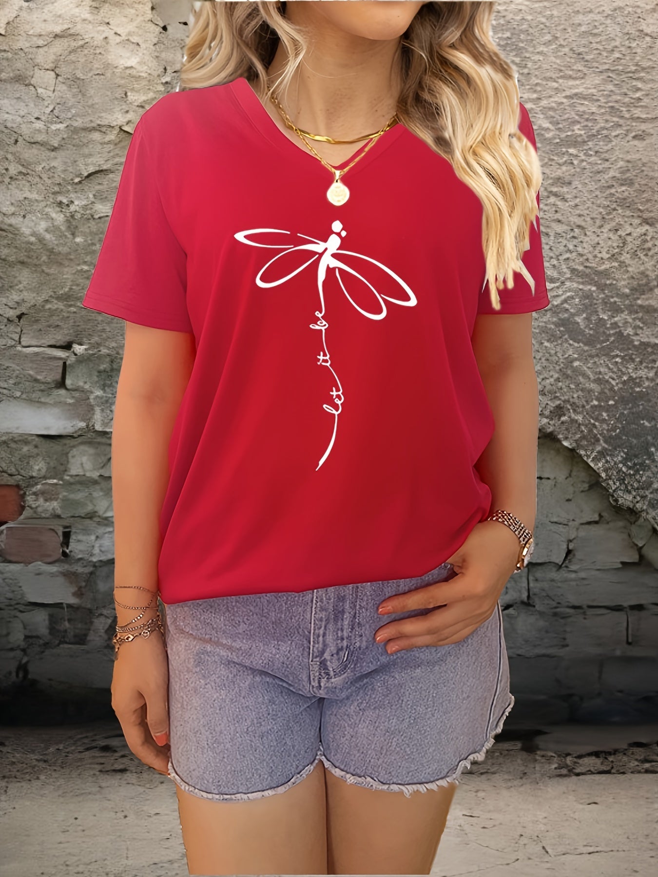 Dragonfly & Letter Print V Neck T-shirt, Casual Short Sleeve T-shirt For Summer, Women's Clothing - Mammalook