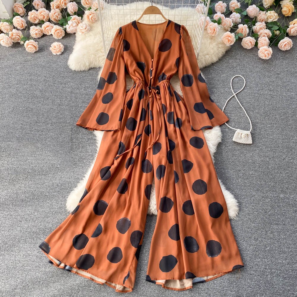 Tingfly Women France Chi Polka Dot Print Bohemian Casual Wide Leg Trousers Jumpsuits Chiffon Summer Boho Beach Style Overalls - Mammalook