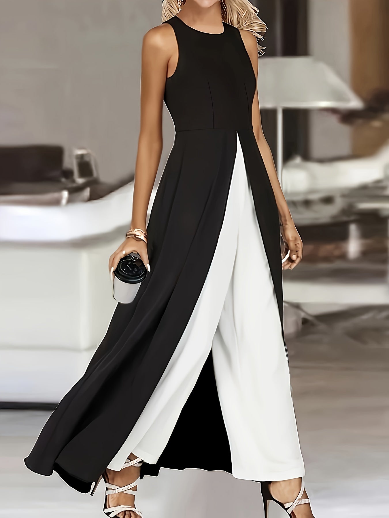 Color Block Crew Neck Jumpsuit, Elegant Sleeveless Wide Leg Jumpsuit For Spring & Summer, Women's Clothing - Mammalook