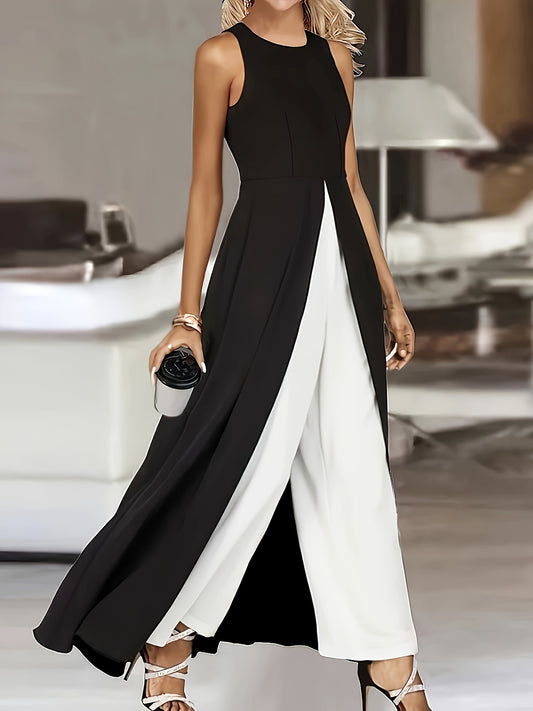 Color Block Crew Neck Jumpsuit, Elegant Sleeveless Wide Leg Jumpsuit For Spring & Summer, Women's Clothing - Mammalook