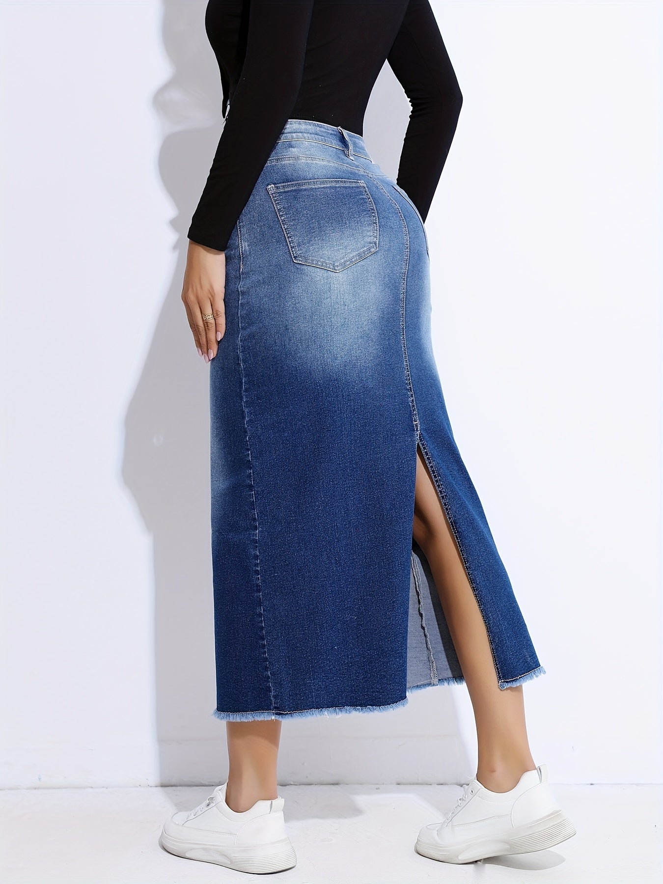 Blue Raw Hem Denim Skirt, High-Stretch Slant Pockets Split Back Denim Midi Skirt, Women's Denim Clothing - Mammalook