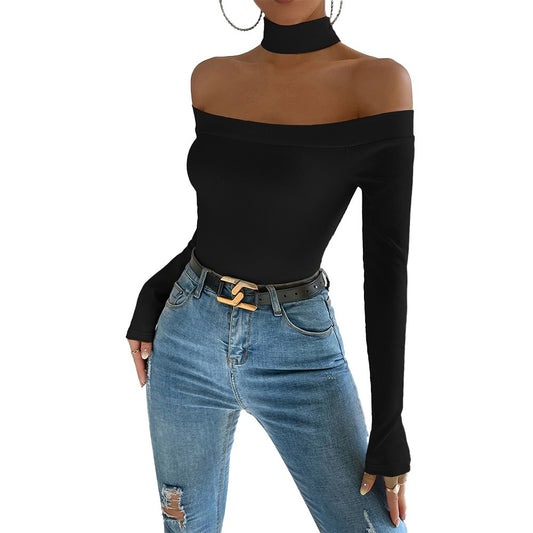 Off shoulder slim knit long sleeved t-shirt with versatile temperament top - Mammalook
