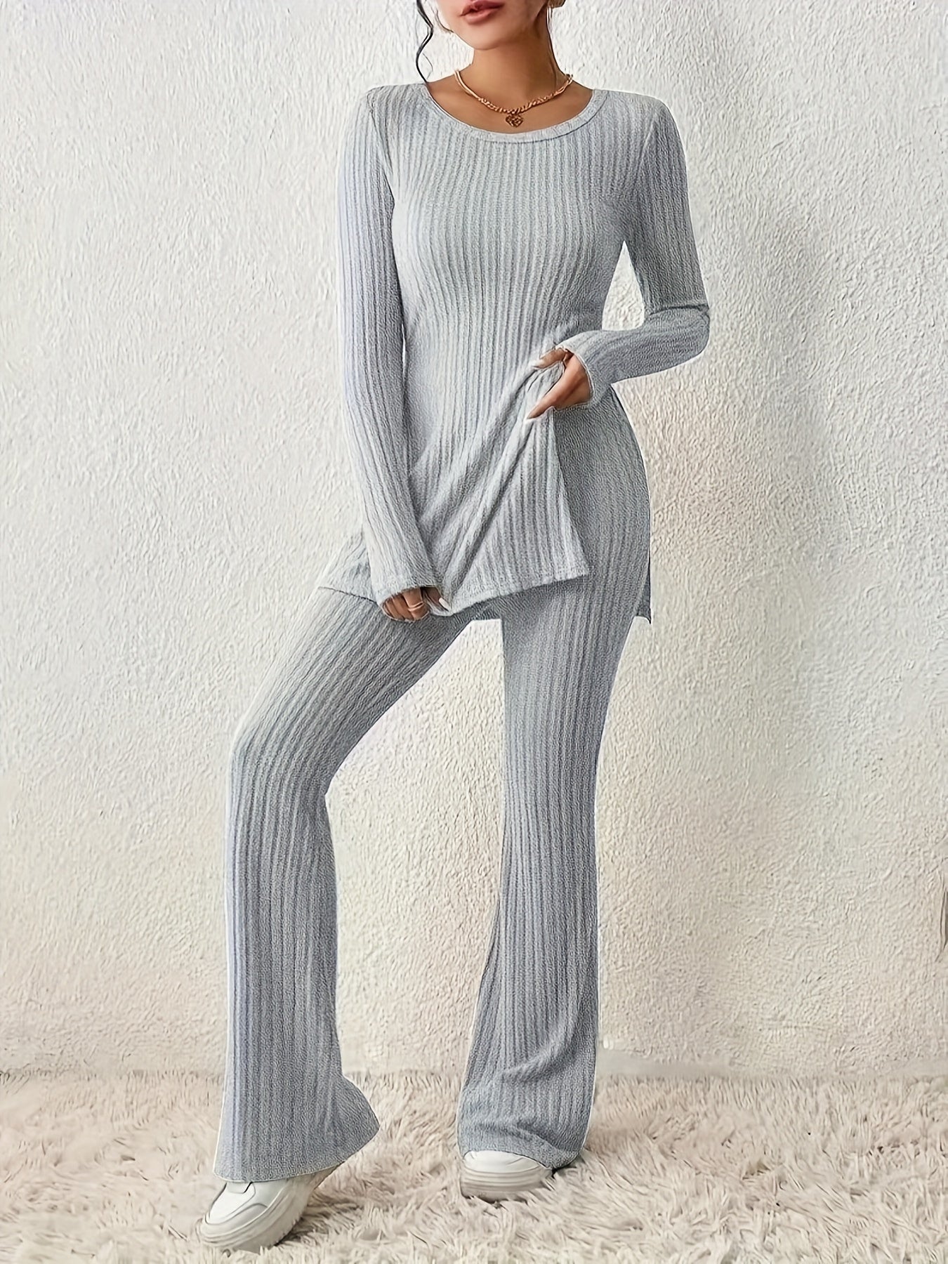 Ribbed Solid Two-piece Set, Split Crew Neck Long Sleeve Tops & Flared Leg Pants Outfits, Women's Clothing - Mammalook