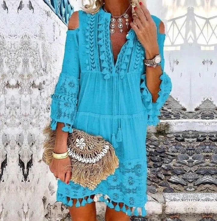 Boho Lace Tassel V-Neck Dress