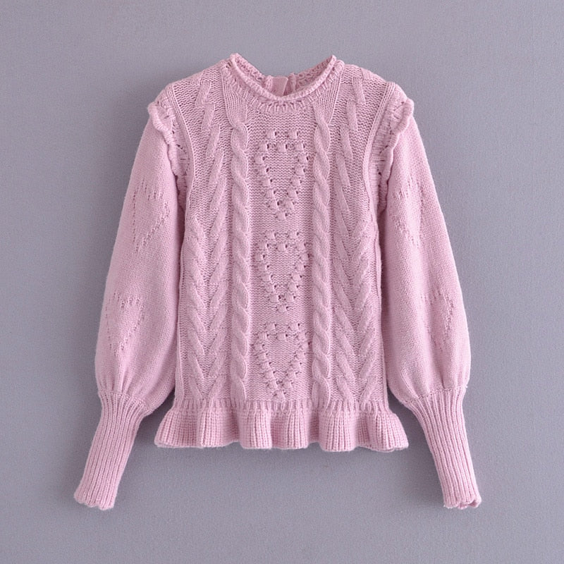Knitted Twist Puff Long Sleeve Pullover Sweater with Ruffles Hem and High Waist Mini Skirt - Mammalook