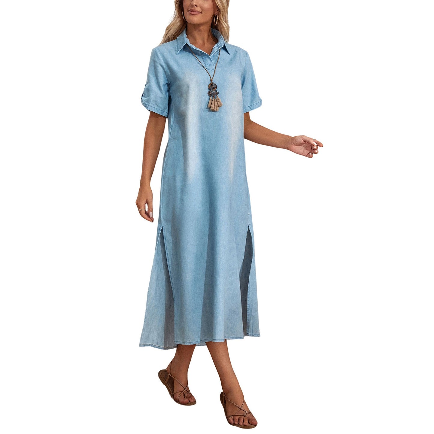 Casual Women Loose Dress Lapel Vintage Summer Side Slitting Hem Loose Long Denim Dress - Mammalook