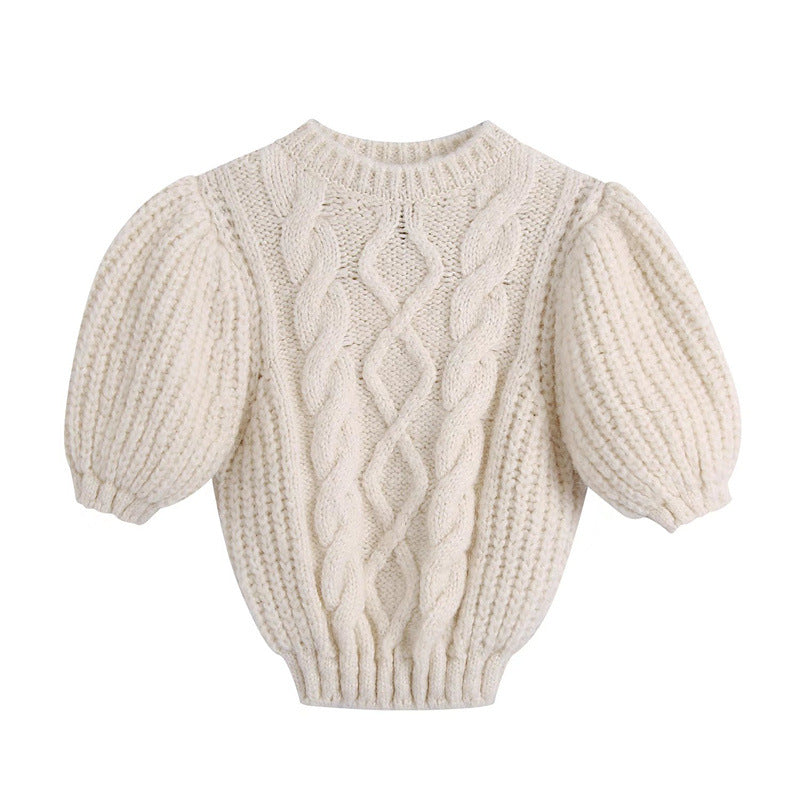 Winter New Style Simple Gentle Round Neck Bubble Sleeve Fried Dough Twist Solid Color Knitwear Women - Mammalook