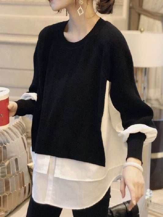 Shirt patchwork pullover sweater for women's autumn and winter vacation two-piece loose knit top, stylish lantern sleeves, versatile sweater - Mammalook