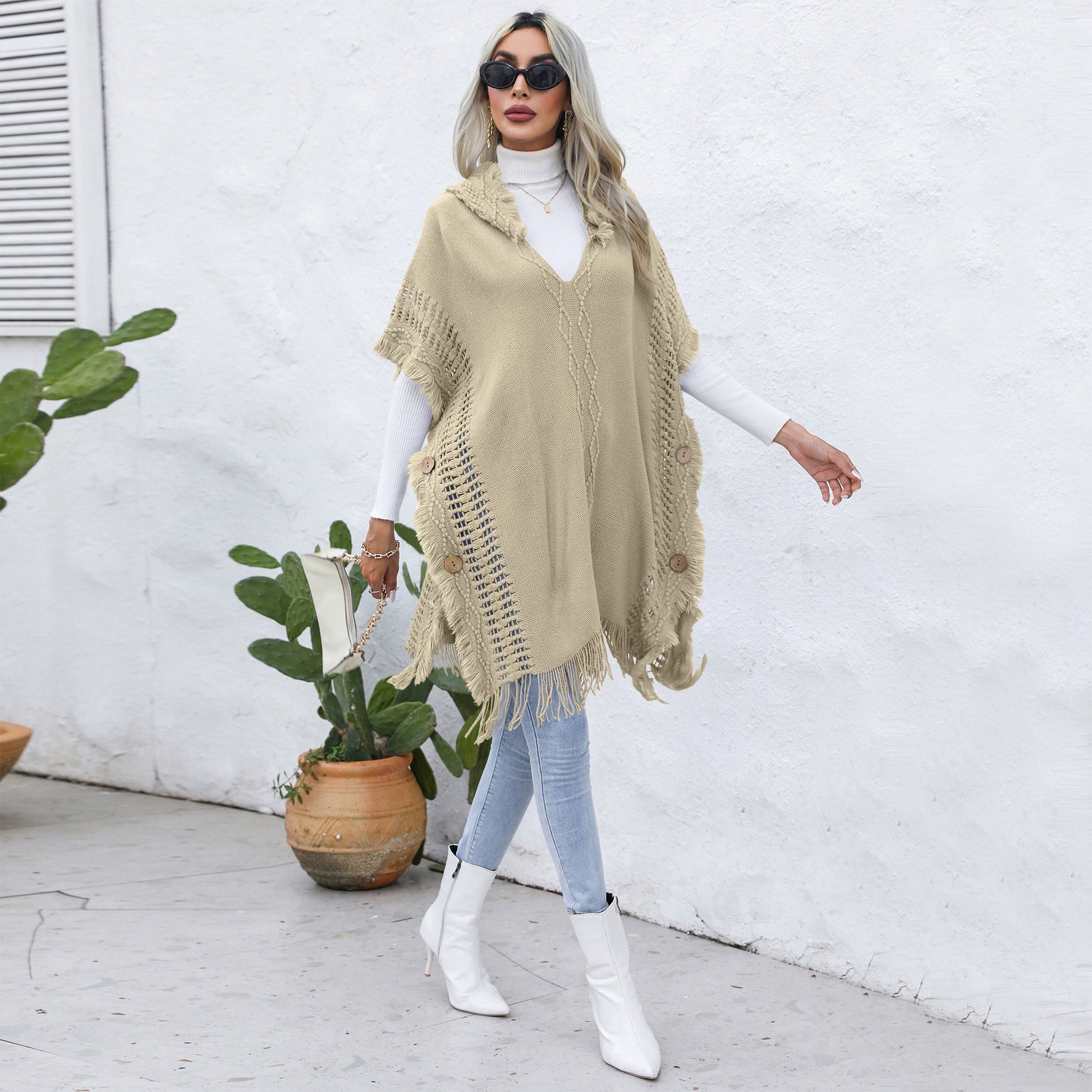 Women's casual loose V-necktie hat pullover medium length sweater vest cape top jacket - Mammalook