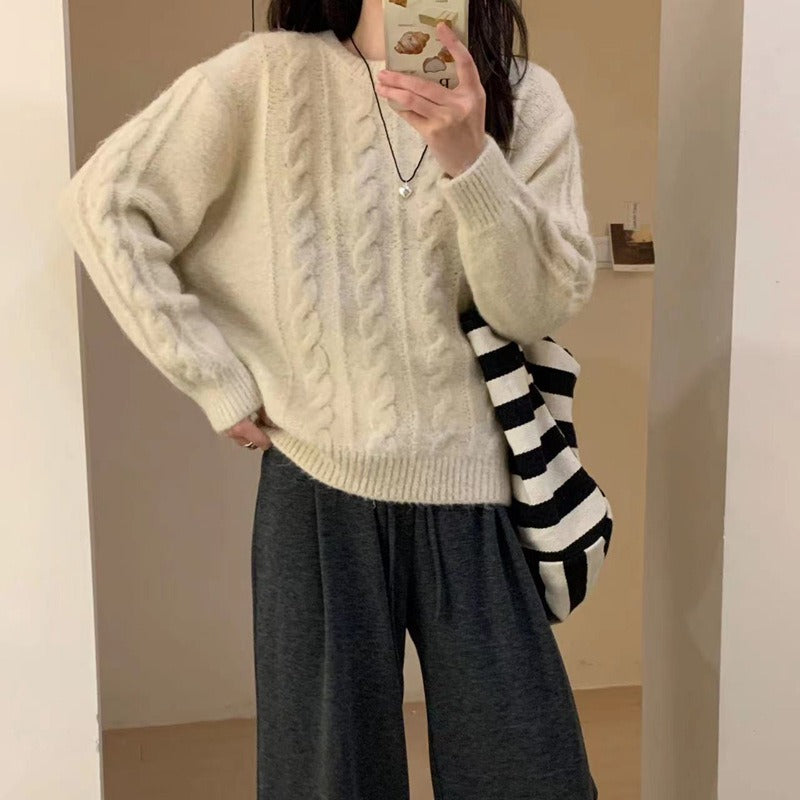 Fried Dough Twists round neck pullover sweater women's loose knit - Mammalook