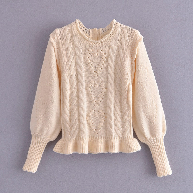 Knitted Twist Puff Long Sleeve Pullover Sweater with Ruffles Hem and High Waist Mini Skirt - Mammalook