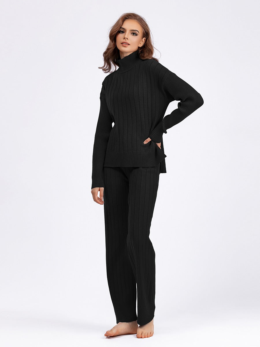 New Autumn and Winter Hollow Half Turtleneck Sweater Set Solid Color Loose Warm Pullover Two-piece Set - Mammalook