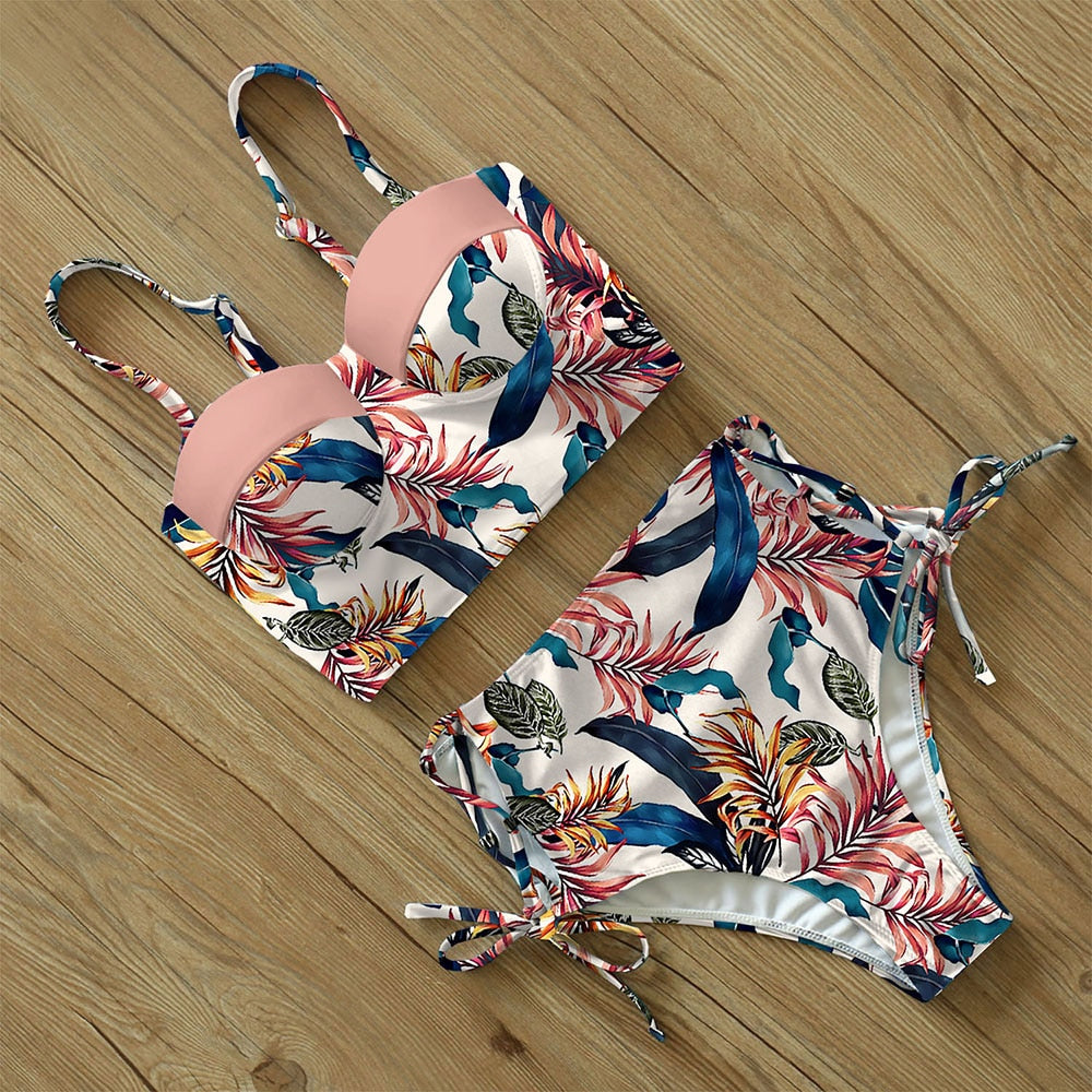 High Waist Swimwear New Leaf Print Bikinis Women Swimsuit Vintage Retro Bathing Suit Halter Biquini Maillot de bain femme - Mammalook
