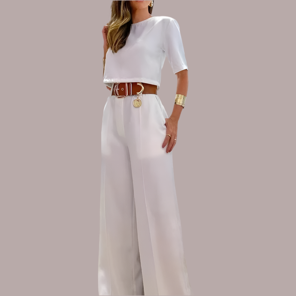 2-Piece Set: Wide-Leg Pants and Short-Sleeve Blouse