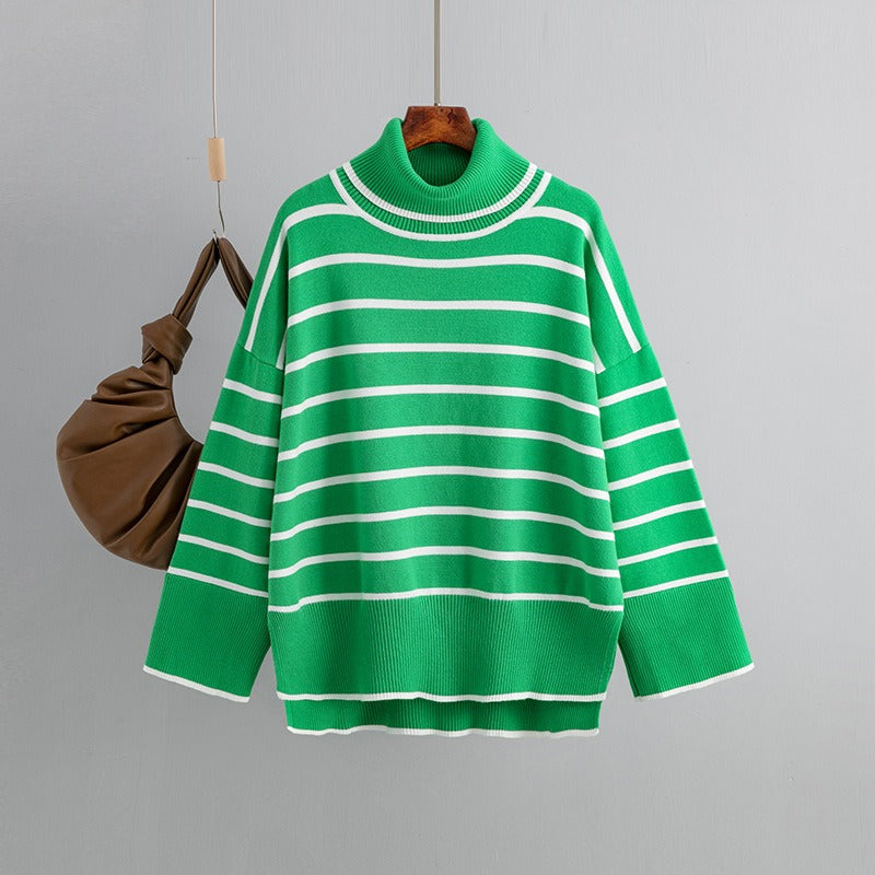 Elegant Autumn Winter Sweater Women Pullovers Loose Striped Casual Knit Chic Jumper Women Sweater - Mammalook