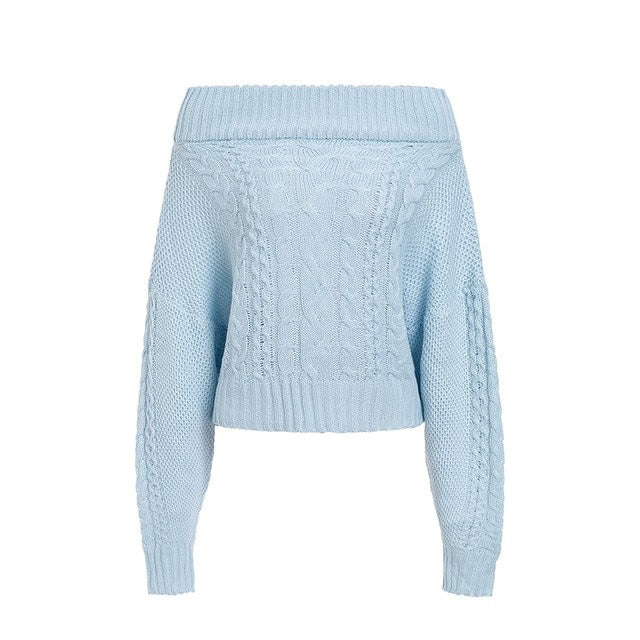 Twist knitted off shoulder women sweater Batwing sleeve blue winter sweater pullover Loose casual knit jumper female - Mammalook