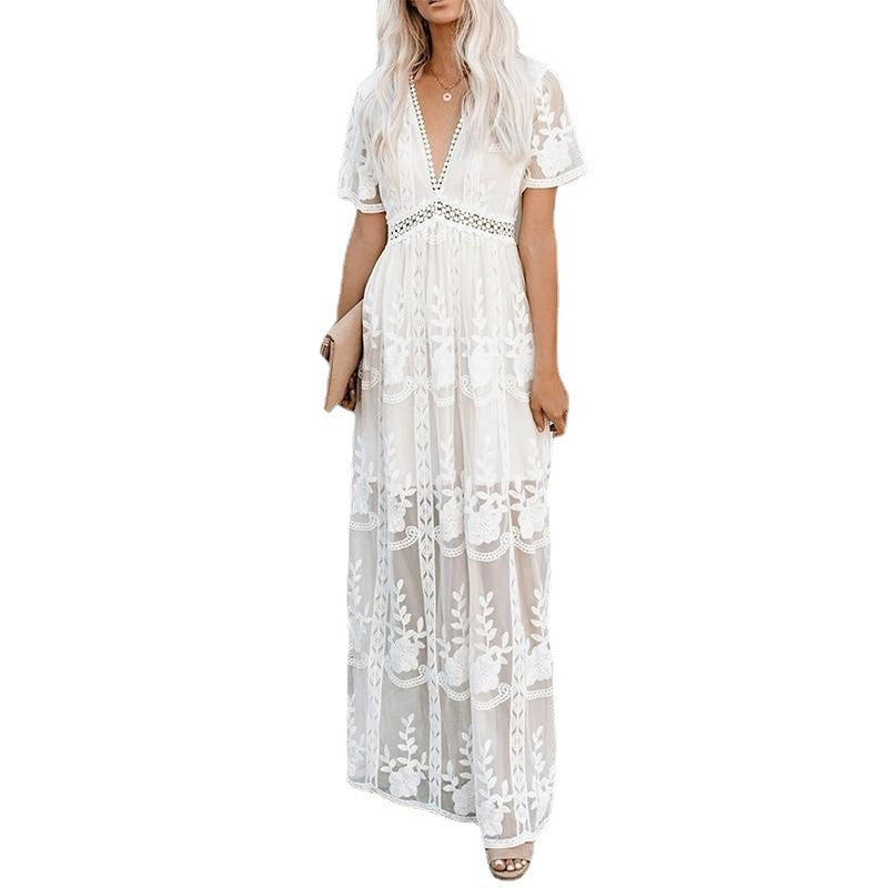 Boho Lace Maxi Dress – White V-Neck Summer Gown