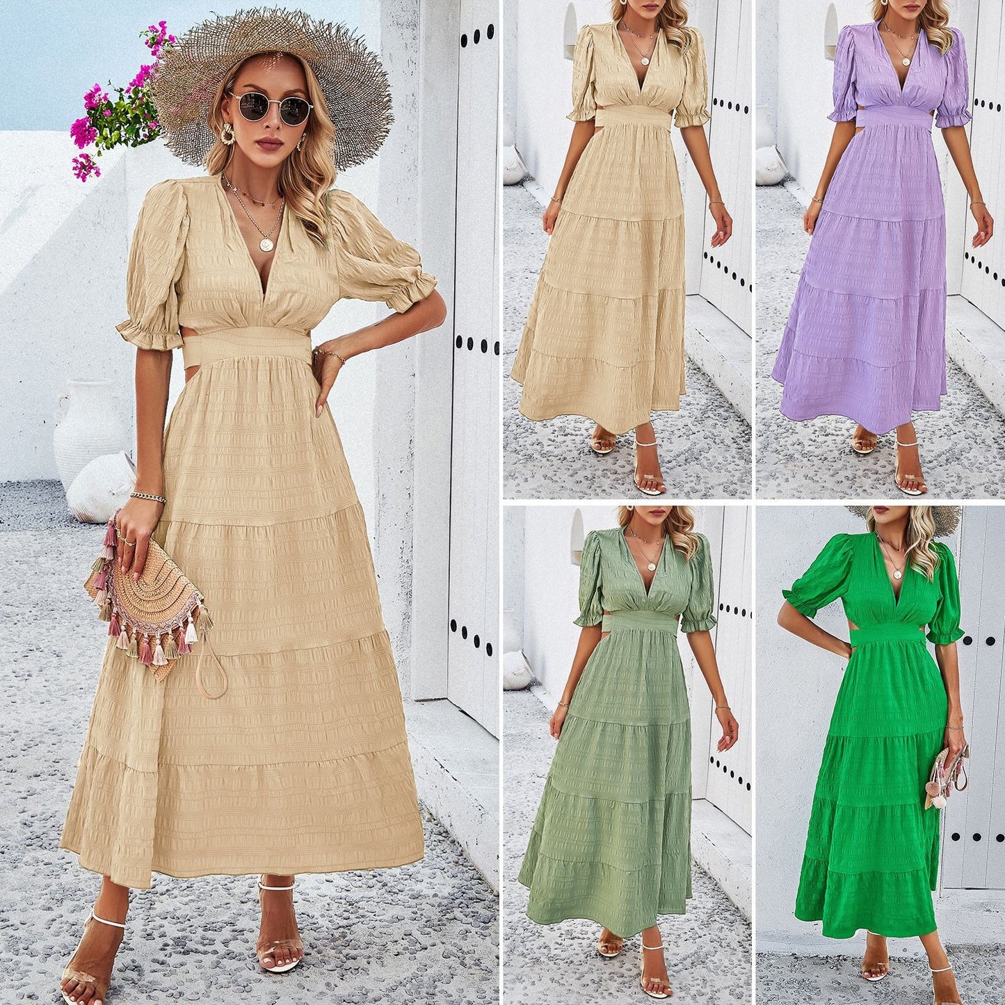 Women's spring summer temperament solid color V-neck waist dress - Mammalook