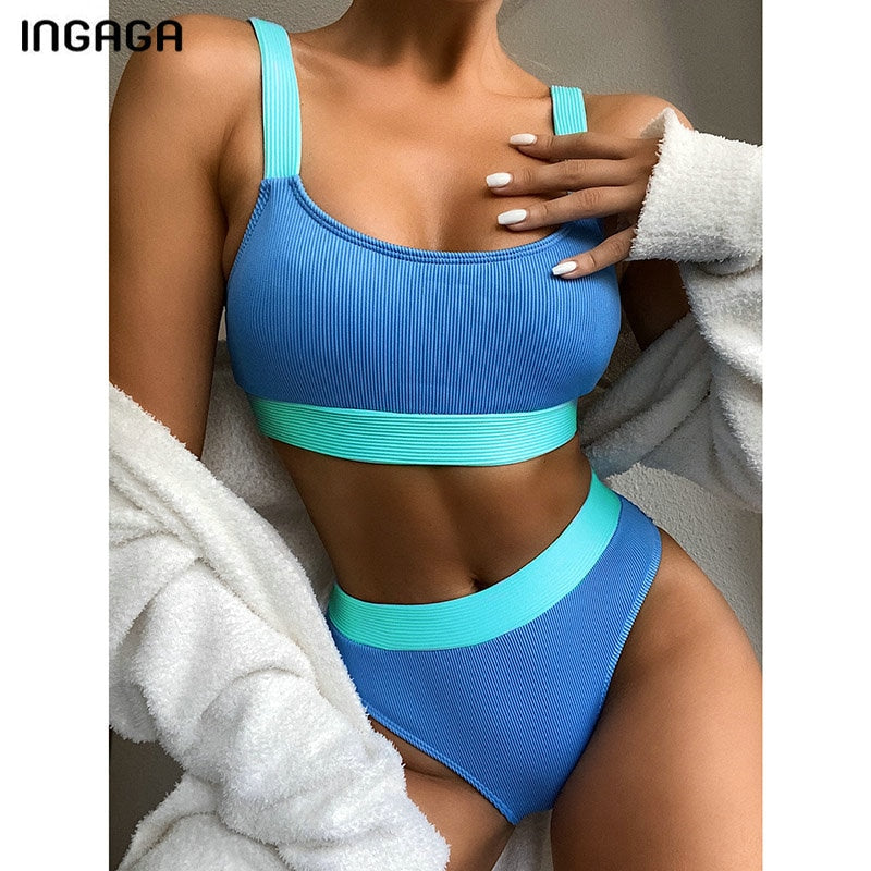 High Waist Bikinis Swimsuits Bandeau Swimwear Women Splicing Biquini Beachwear Sports Ribbed Bathing Suits New - Mammalook
