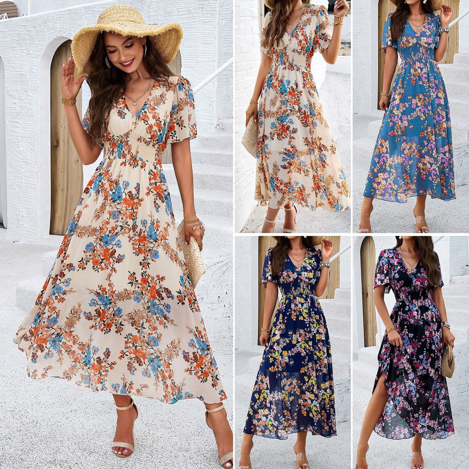 Women's spring/summer style print waist short sleeve dress - Mammalook