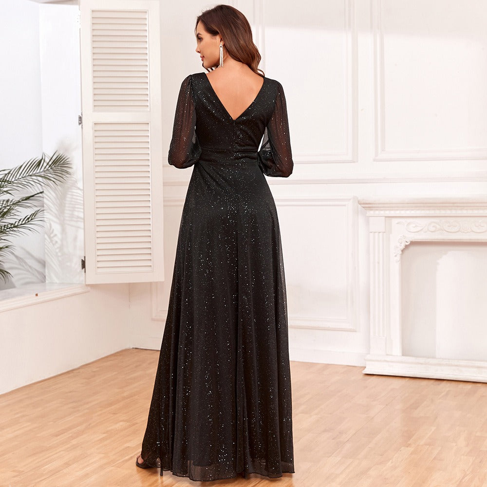 Trendy Luxury Evening Dresses Tulle Long Sleeve V-neck Split A-line Lined prom dresses Shiny Black Bridesmaid Dresses - Mammalook