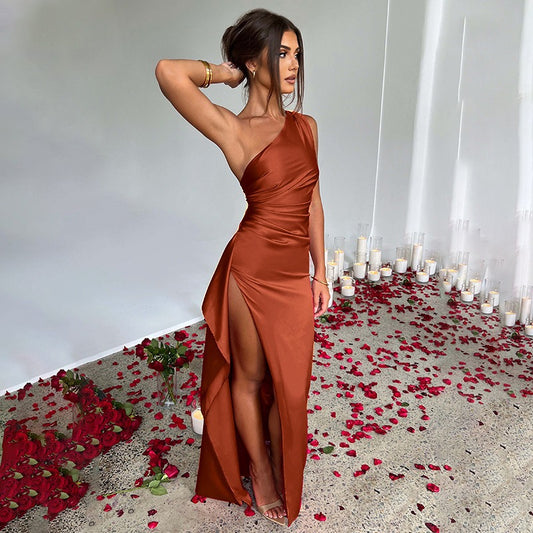 Single shoulder pleated slit sexy satin dress, European and American summer temperament slim fit solid color long skirt - Mammalook