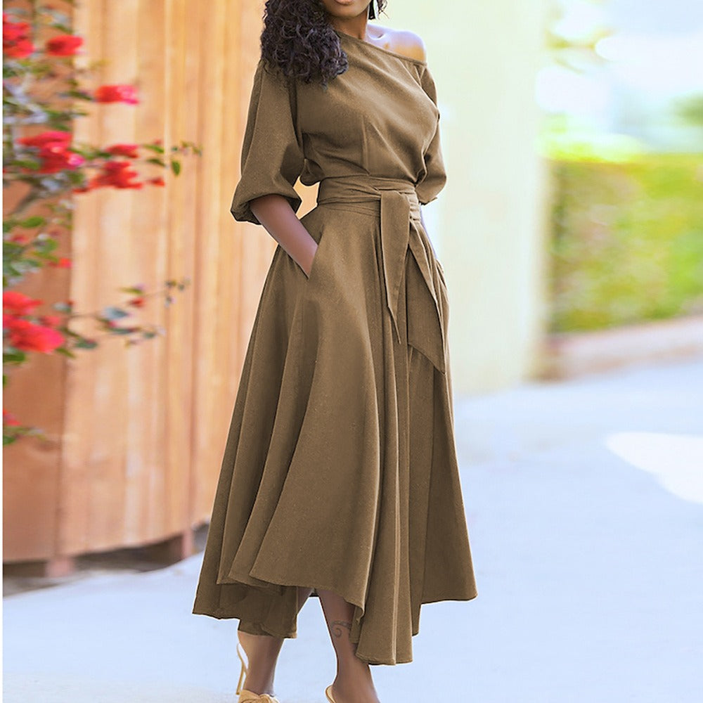 Fashionable solid color waistband slimming and sexy diagonal shoulder dress - Mammalook