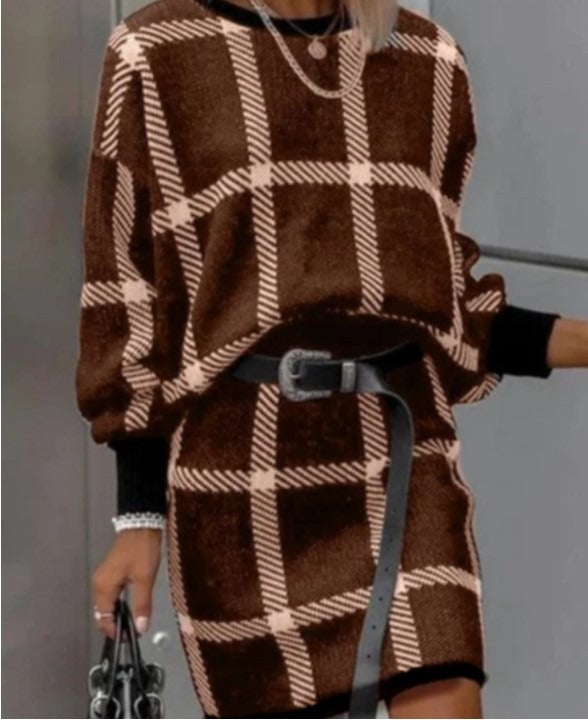 Round necked plaid pullover long sleeved woolen short skirt set of two pieces - Mammalook