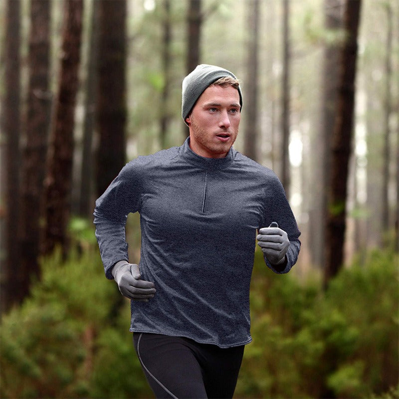 Men's Long Sleeve Fast Drying Sports Running Pullover Half Zipper Solid Color Breathable T-Shirt - Mammalook