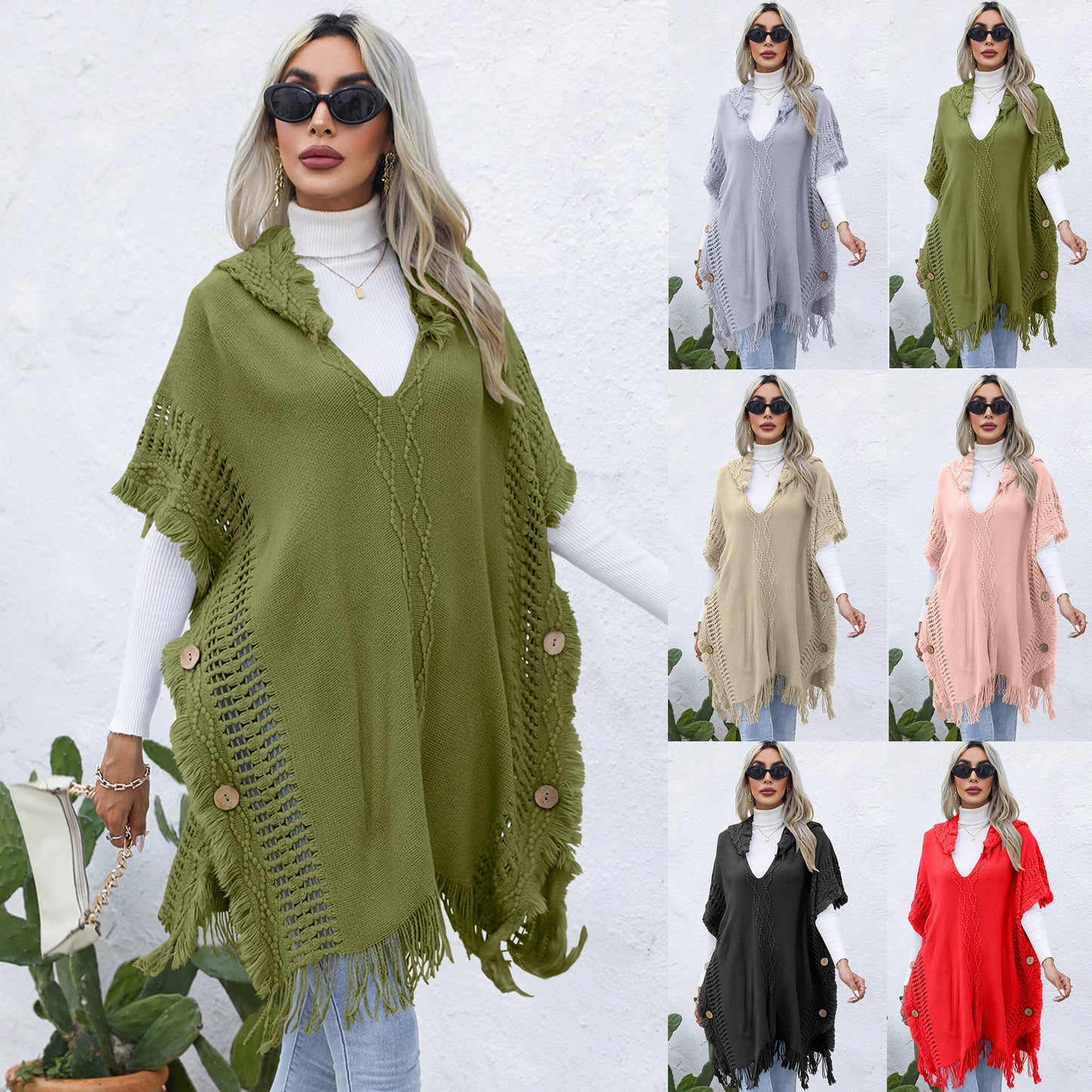 Women's casual loose V-necktie hat pullover medium length sweater vest cape top jacket - Mammalook