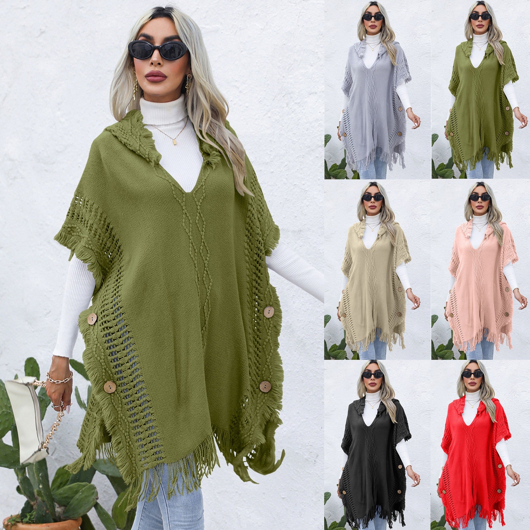 Women's casual loose V-necktie hat pullover medium length sweater vest cape top jacket - Mammalook