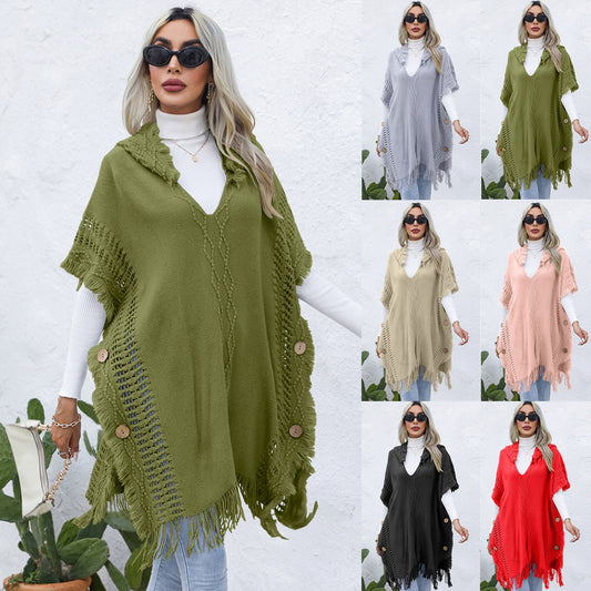 Women's casual loose V-necktie hat pullover medium length sweater vest cape top jacket - Mammalook