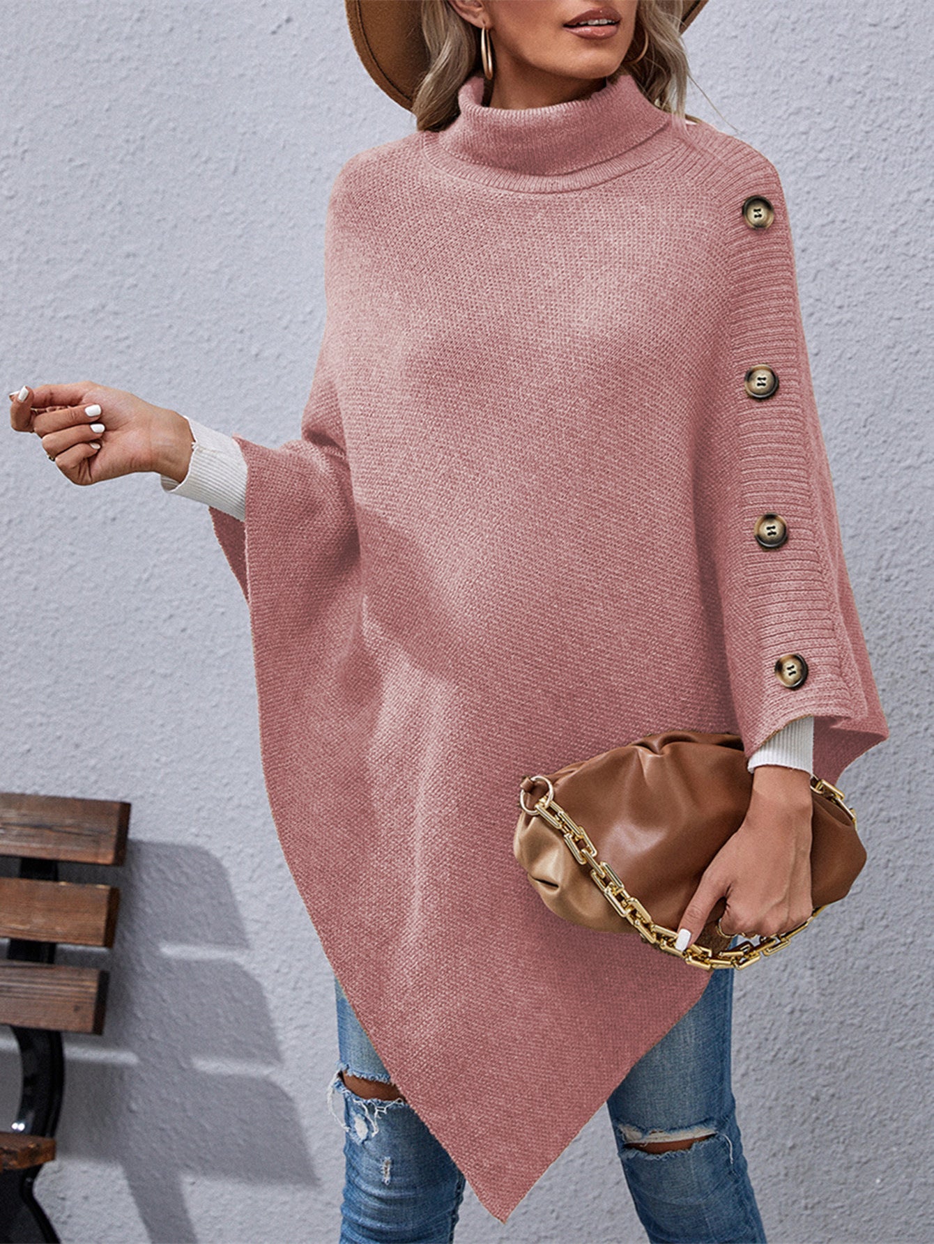Button High Collar Irregular Sweater Cape for Women - Mammalook