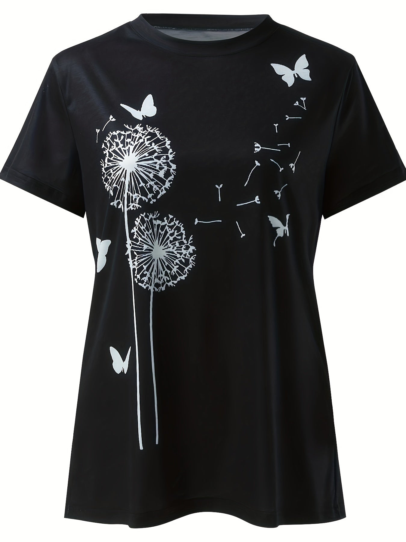 Dandelion & Butterfly Print T-Shirt, Casual Crew Neck Short Sleeve Top For Spring & Summer, Women's Clothing - Mammalook