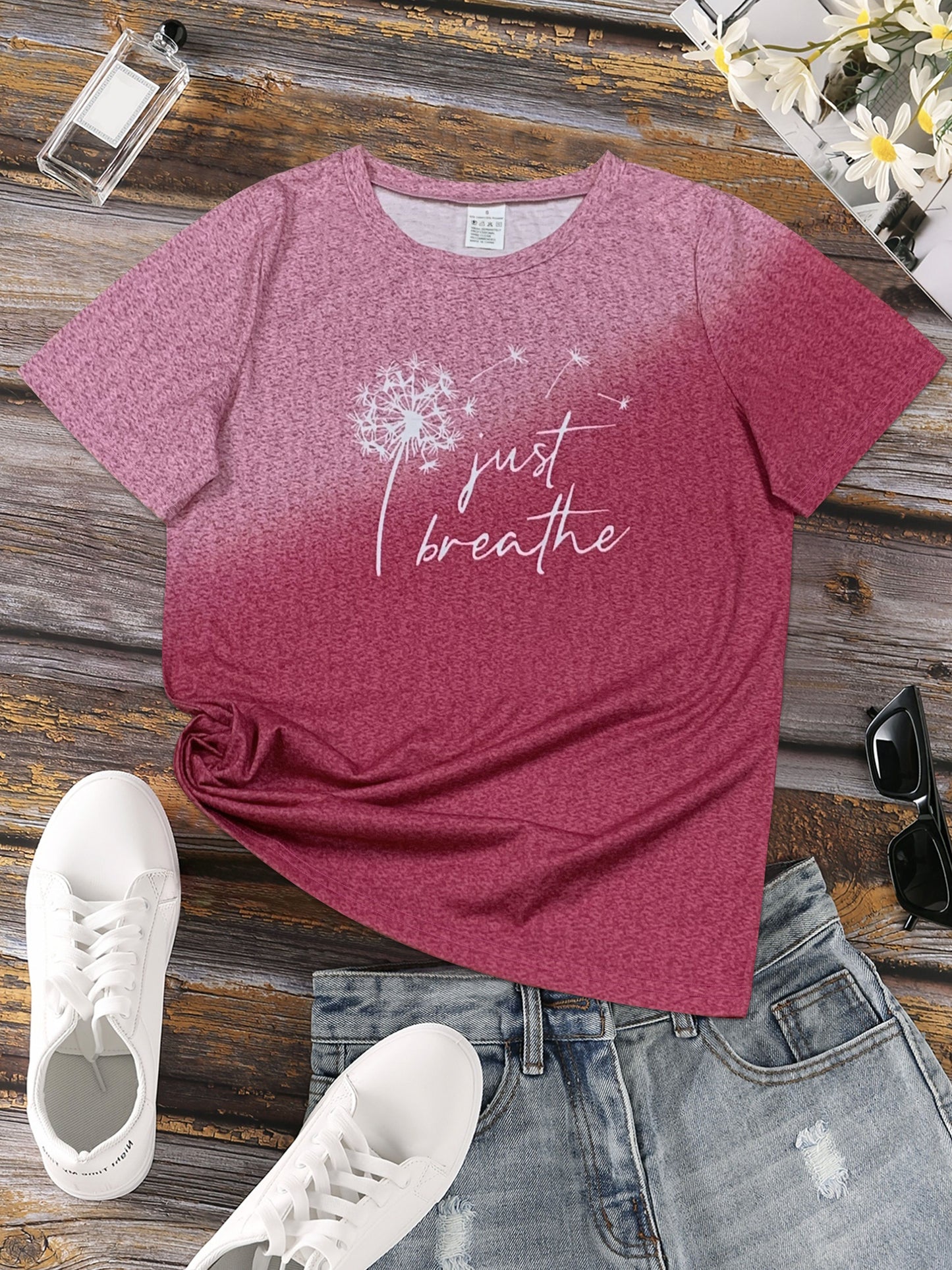 Just Breathe & Dandelion Print T-shirt, Casual Crew Neck Short Sleeve Top, Women's Clothing - Mammalook