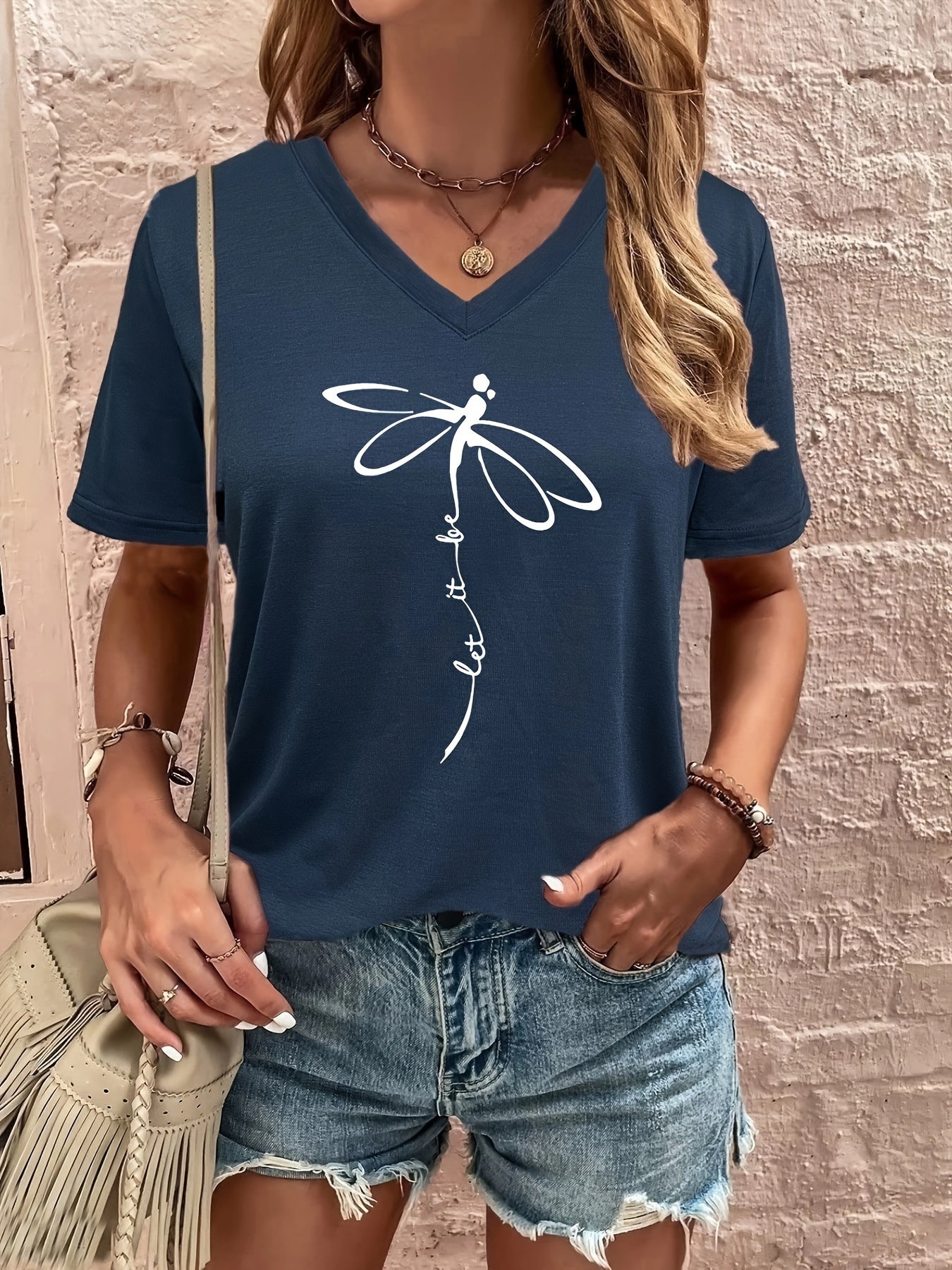 Dragonfly & Letter Print V Neck T-shirt, Casual Short Sleeve T-shirt For Summer, Women's Clothing - Mammalook