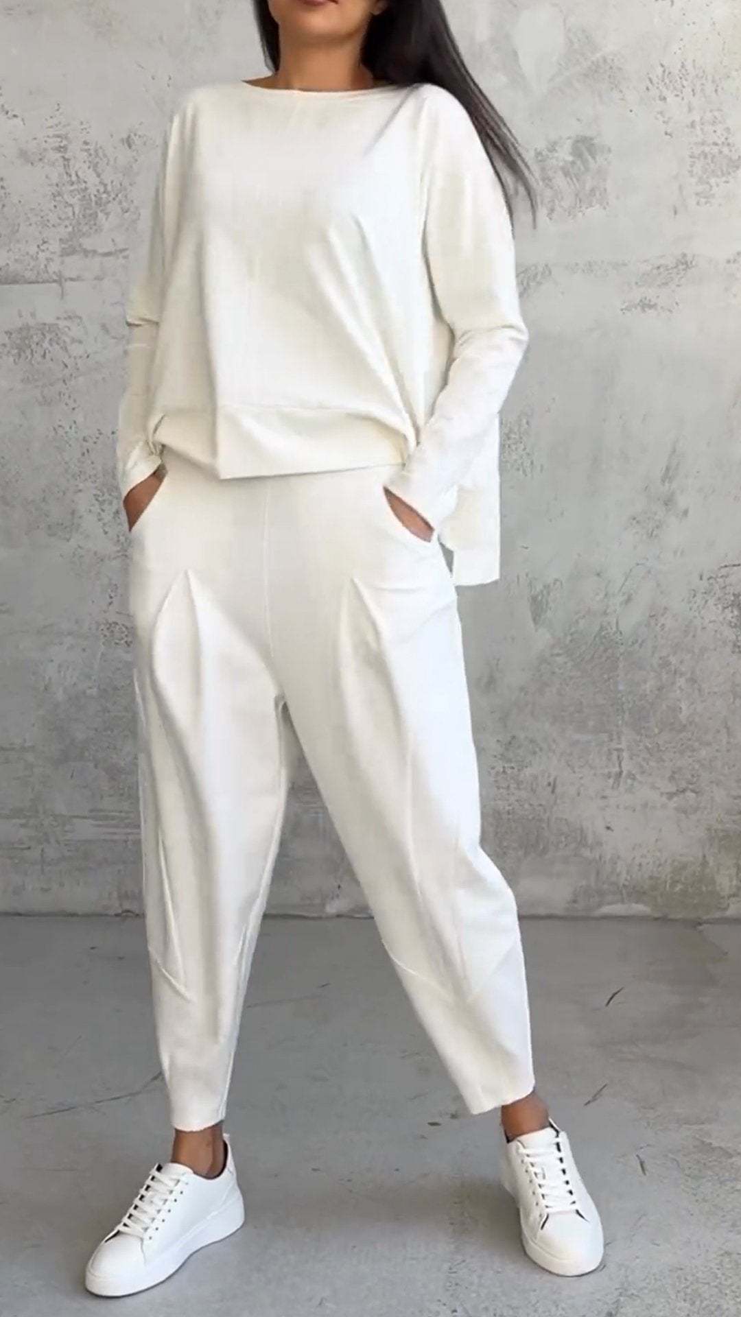 Women's Irregular Suit Long-sleeved Round Neck Top And Loose Harem Pants With Pockets Ins