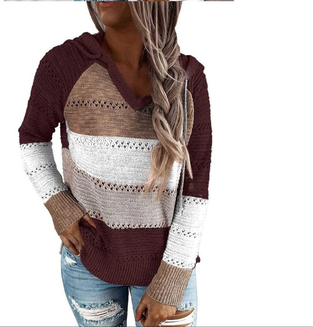 Autumn Winter Sweaters Women Hollow Long Sleeve Sweater Hoodie Tops V Neck Patchwork Casual Knitted Elegant Pullover Jumper - Mammalook