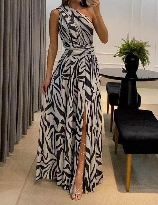 One-Shoulder Sleeveless Printed Long Dress
