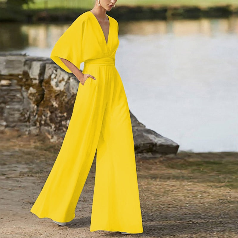 Jumpsuit deep V-high waist wide leg long pants women's dress - Mammalook