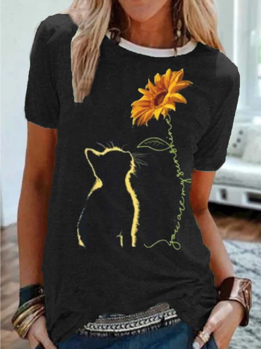 Cat Sunflower Print Short Sleeve T-Shirt Women