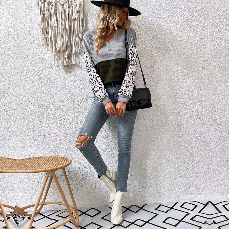 New Casual Fashion Top Long Sleeve V-Neck Leopard Print Contrast Knit Sweater - Mammalook
