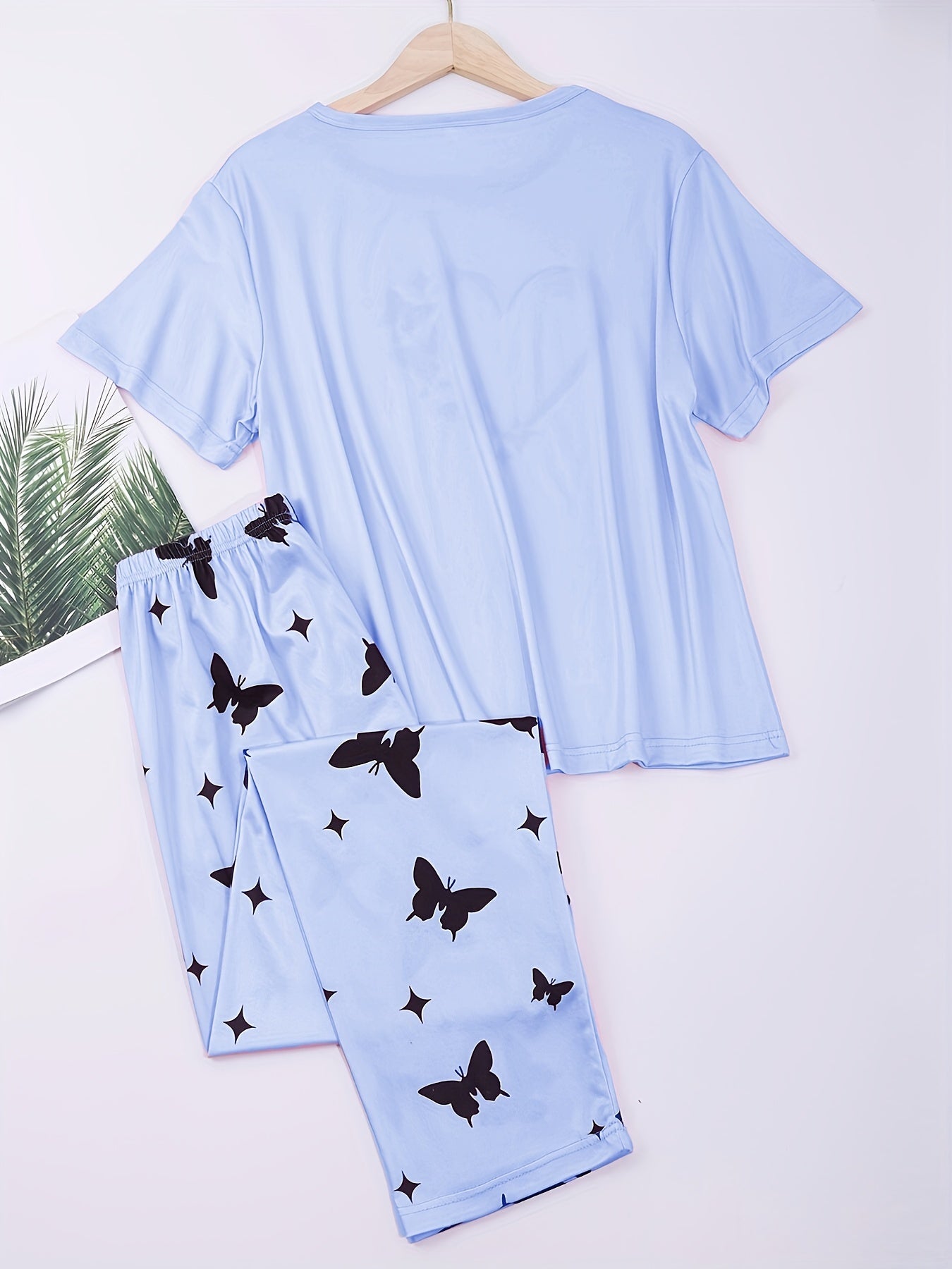 Women's Heart & Butterfly Print Pajama Set - Comfortable Short Sleeve Top and Loose Long Pants for Lounging and Sleeping - Mammalook